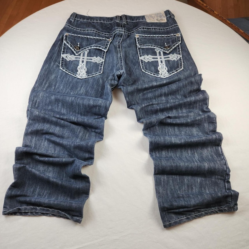 Southpole Mens Blue Denim Jeans 36 Embroidered Cross Baggy Y2K Skater Hip Hop